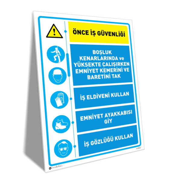 Turkish safety poster with blue panels listing safety gear: helmet, gloves, safety shoes, and goggles; warning triangle on the left.
