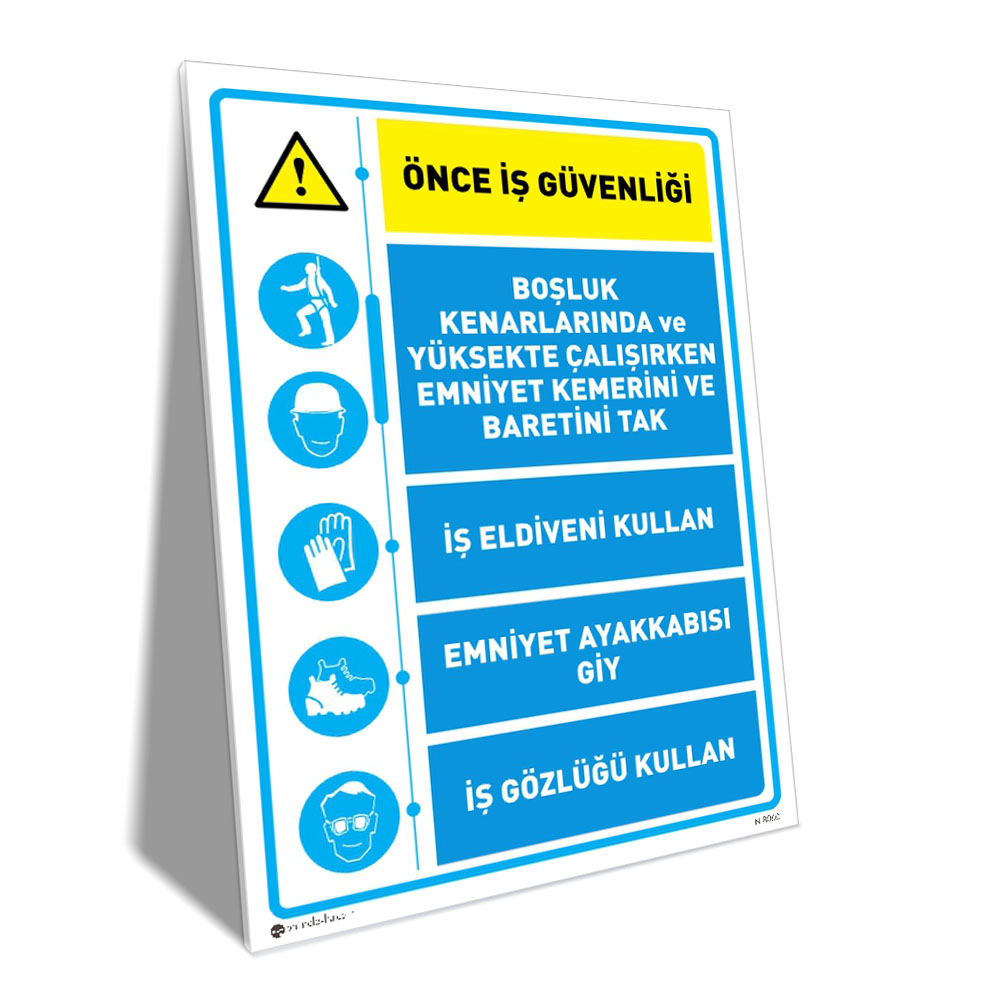 Önce İş Güvenliği KKD Talimatı Turkish safety poster with blue panels listing safety gear: helmet, gloves, safety shoes, and goggles; warning triangle on the left.