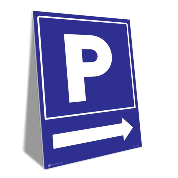 Blue parking sign with a large white P and a right-pointing arrow, directing drivers to parking.