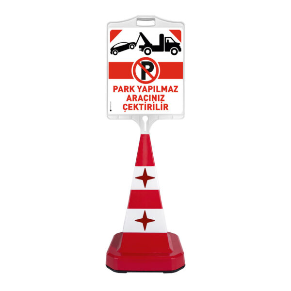 Traffic cone with a mounted no-parking sign warning that vehicles will be towed (text in Turkish).