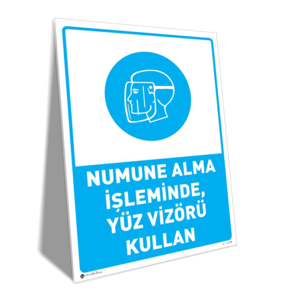 Safety poster reminding to wear a face shield during sample collection; blue icon of a head wearing a shield.