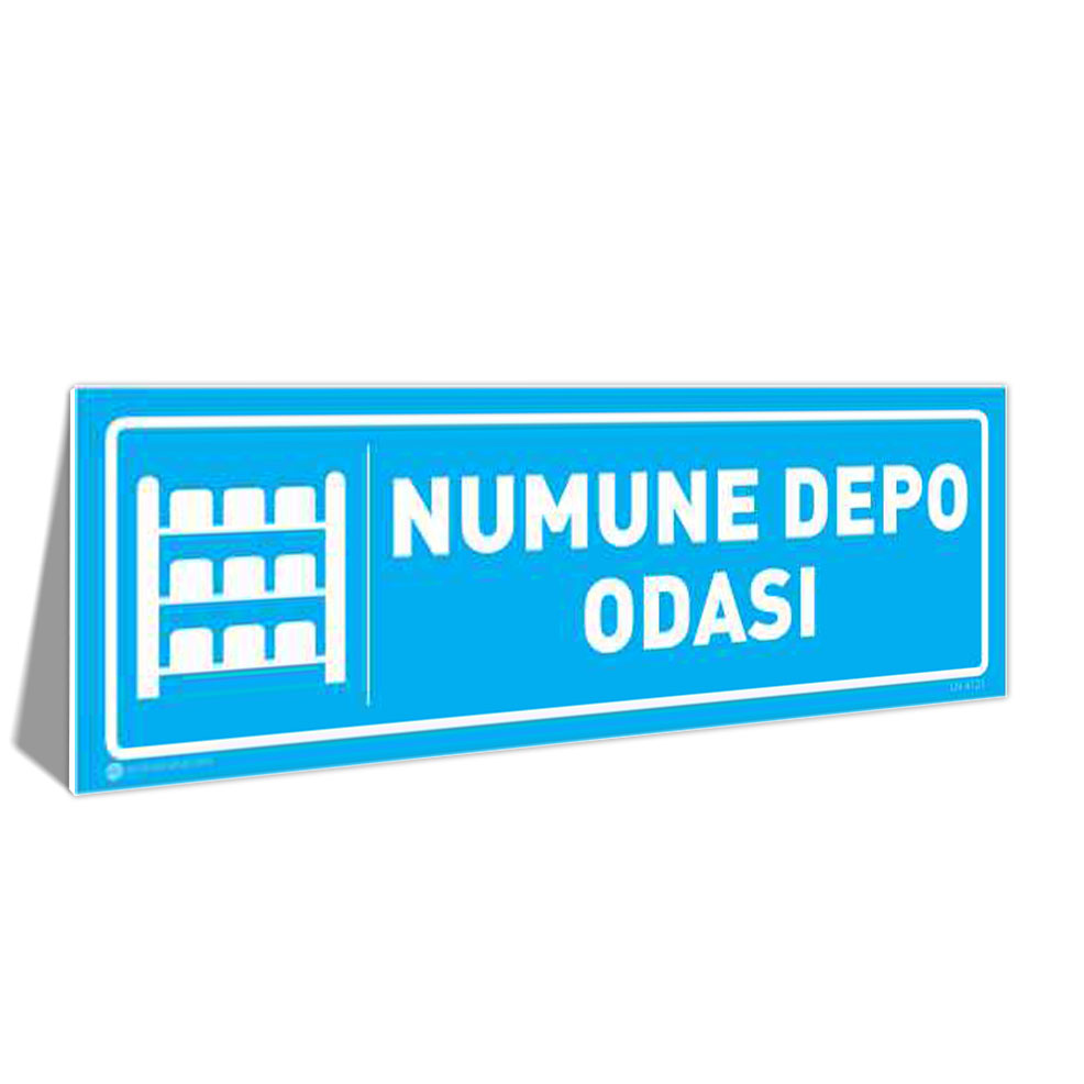 numune-depo-odasi-kapi-isimligi-4121-dmavi Blue rectangular sign reading 'NUMUNE DEPO ODASI' with a white shelf icon on the left.