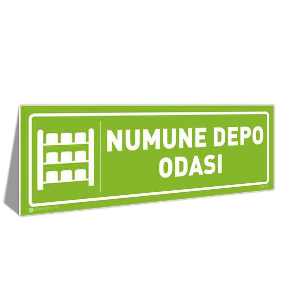 numune-depo-odasi-kapi-isimligi-4121-fyesil Green rectangular sign reading 'NUMUNE DEPO ODASI' with a white shelving icon, indicating a sample storage room