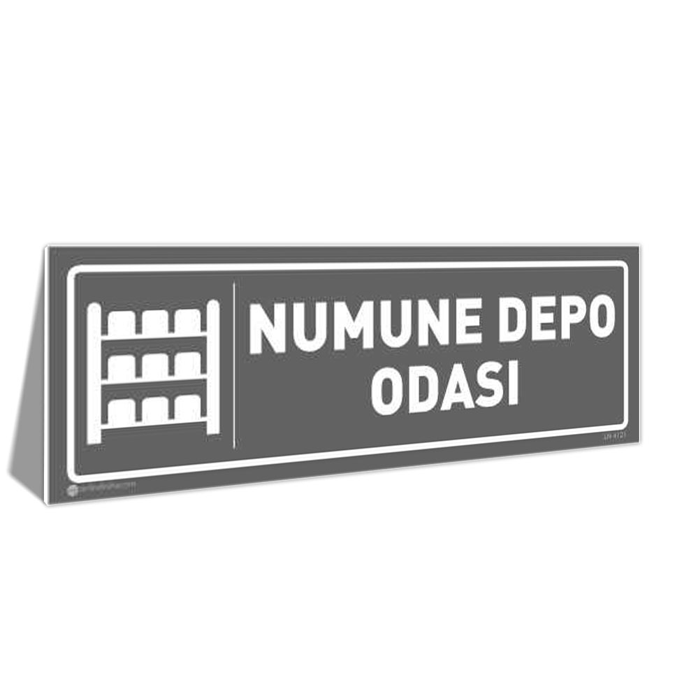numune-depo-odasi-kapi-isimligi-4121-gri Sign reading 'NUMUNE DEPO ODASI' with a shelf icon, indicating a sample storage room.