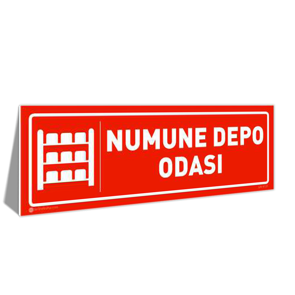 numune-depo-odasi-kapi-isimligi-4121-kirmizi Red sign reading 'NUMUNE DEPO ODASI' with a white shelf icon, indicating the sample storage room