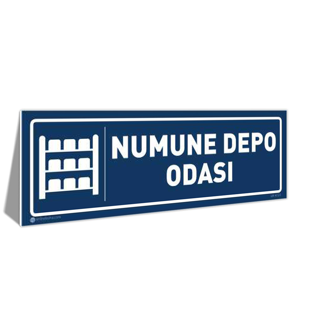 numune-depo-odasi-kapi-isimligi-4121-kmavi Turkish sign that reads 'NUMUNE DEPO ODASI' with a shelf icon on the left, indicating a sample storage room