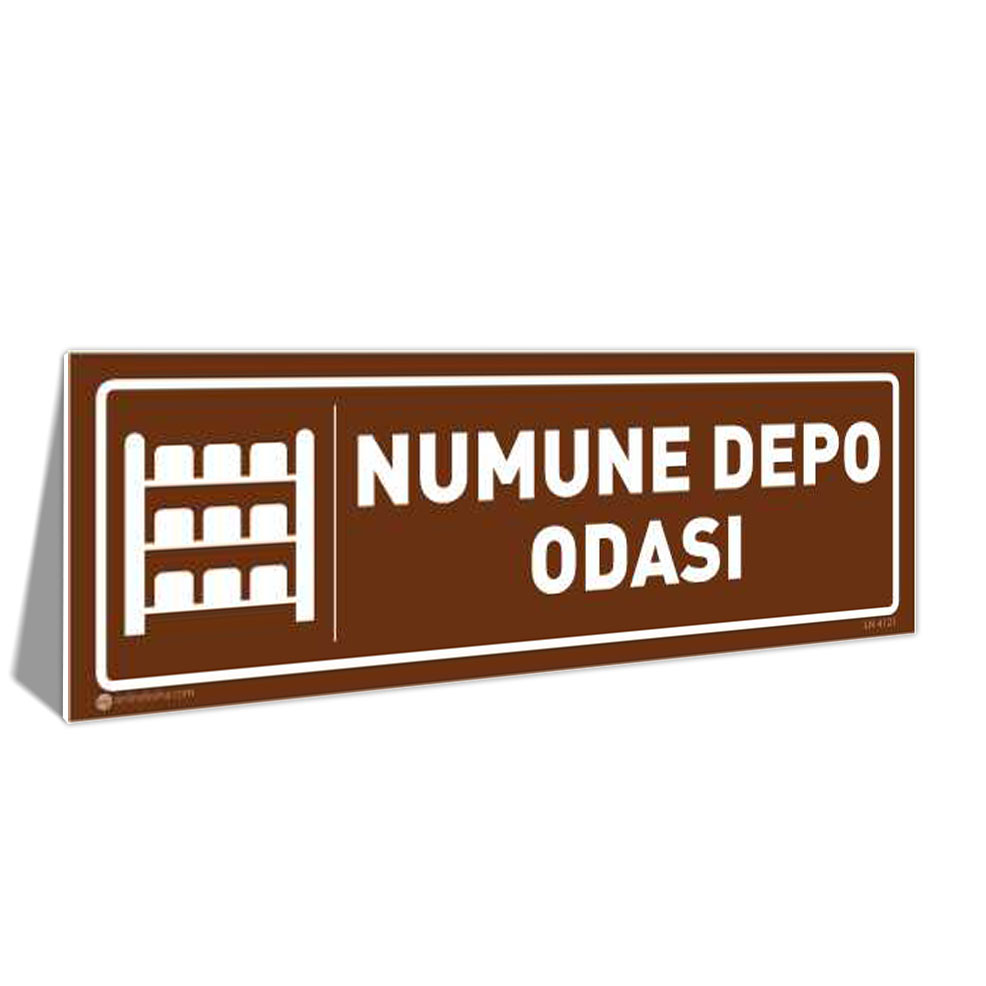 numune-depo-odasi-kapi-isimligi-4121-krengi Brown sign reading 'NUMUNE DEPO ODASI' with a shelf icon, indicating a sample storage room.