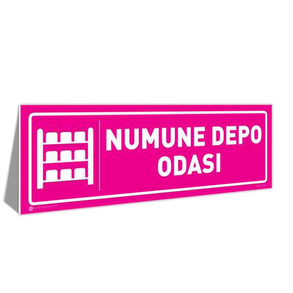 numune-depo-odasi-kapi-isimligi-4121-pembe Pink sign reading 'NUMUNE DEPO ODASI' with a white shelf icon on the left.