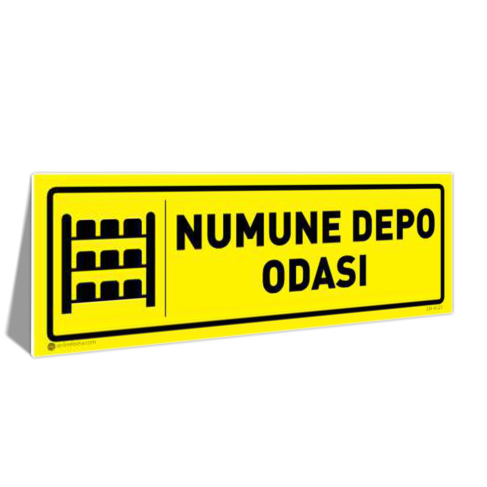 numune-depo-odasi-kapi-isimligi-4121-sari Yellow sign reading 'NUMUNE DEPO ODASI' with a shelving icon, indicating a sample storage room.