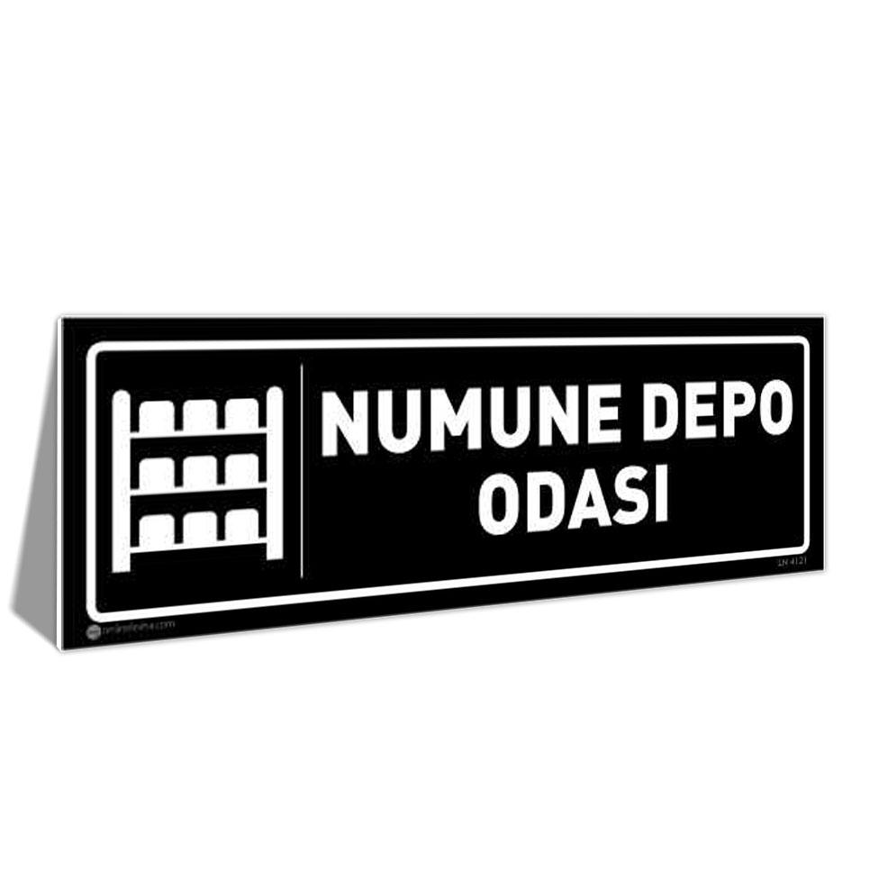 numune-depo-odasi-kapi-isimligi-4121-siyah Black sign with white border and text 'NUMUNE DEPO ODASI' beside a shelving icon, indicating a sample storage room