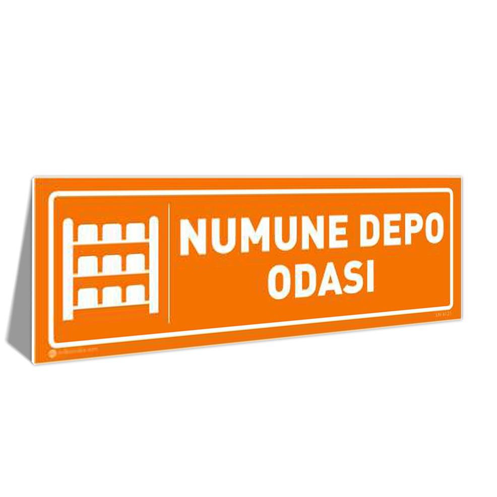 numune-depo-odasi-kapi-isimligi-4121-turuncu Orange sign reading 'NUMUNE DEPO ODASI' with a shelf icon on the left, indicating a sample storage room in Turkish.