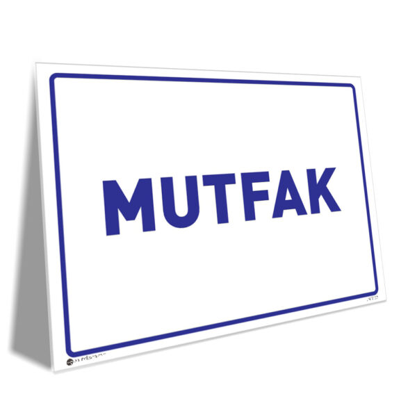 White signboard with a blue border and the bold blue word MUTFAK on a white background.
