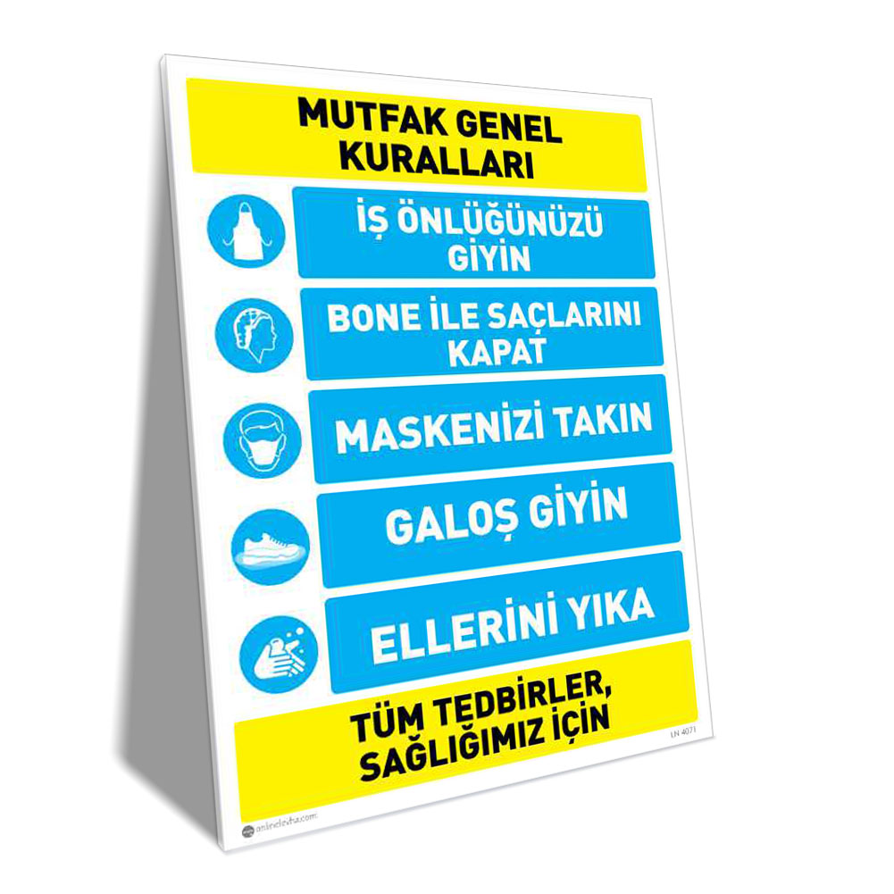 Mutfak Genel Kuralları Kitchen safety poster in Turkish: wear apron, cover hair, wear mask, put on shoe covers, wash your hands; all precautions for our health.